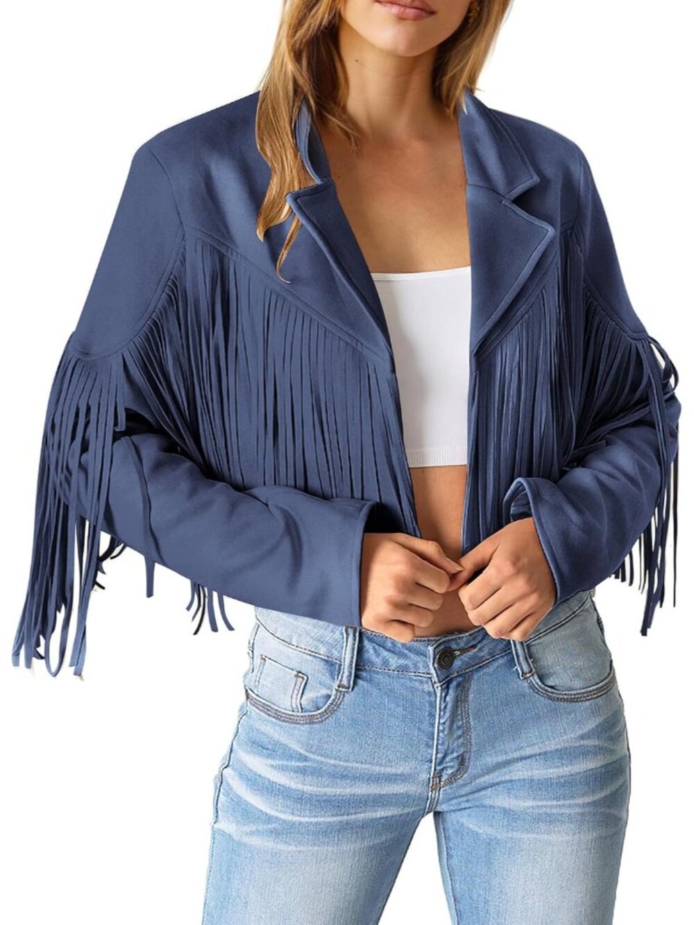 〽️Haze Blue Women's Fringe Faux Suede Cropped Western Moto Jacket - Picture 2 of 6